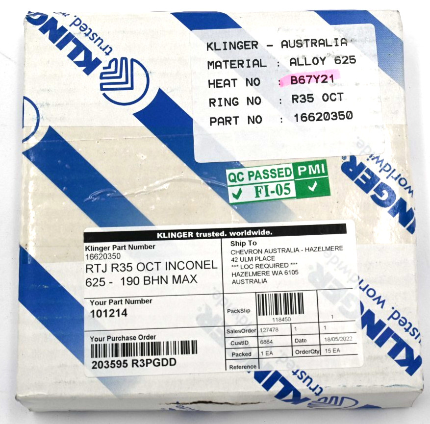 KLINGER R35 OCTAGONAL INCONEL 625- 190 BHN MAX 16620350 Ring Type Joint (RTJ)