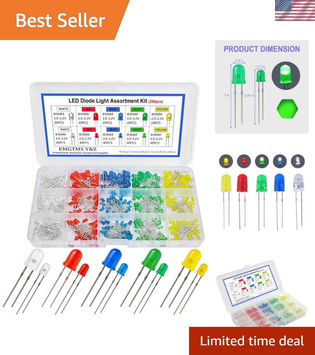300 Pcs 3mm & 5mm LED Diode Assortment Kit – 5 Colors White/Red/Blue/Green/Ye…