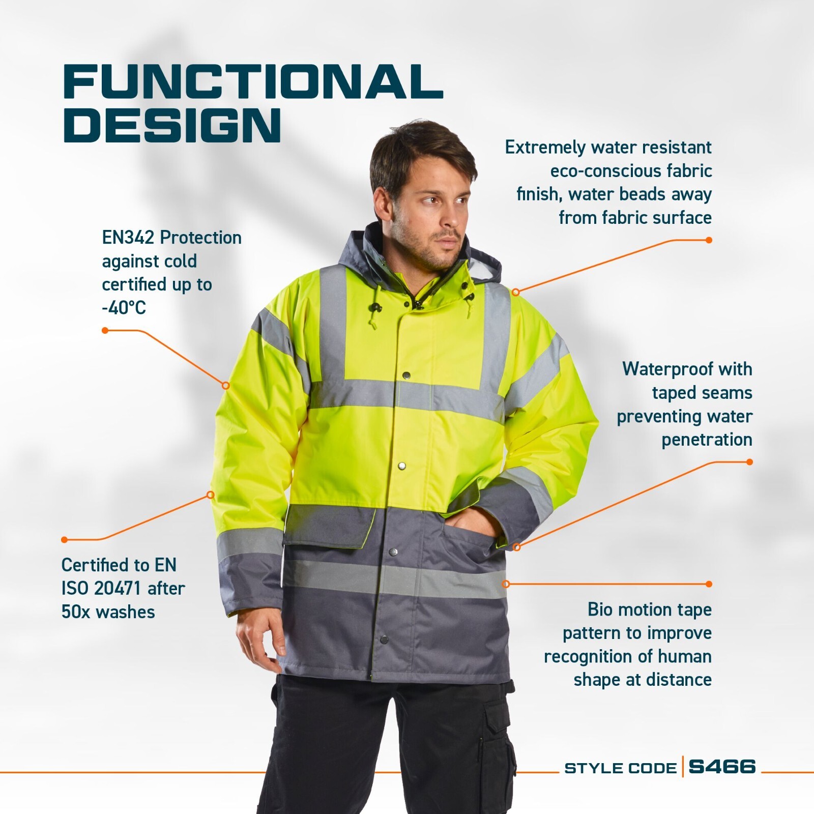 Portwest US466 Mens Waterproof Hi Vis Traffic Jacket Reflective Safety Coat