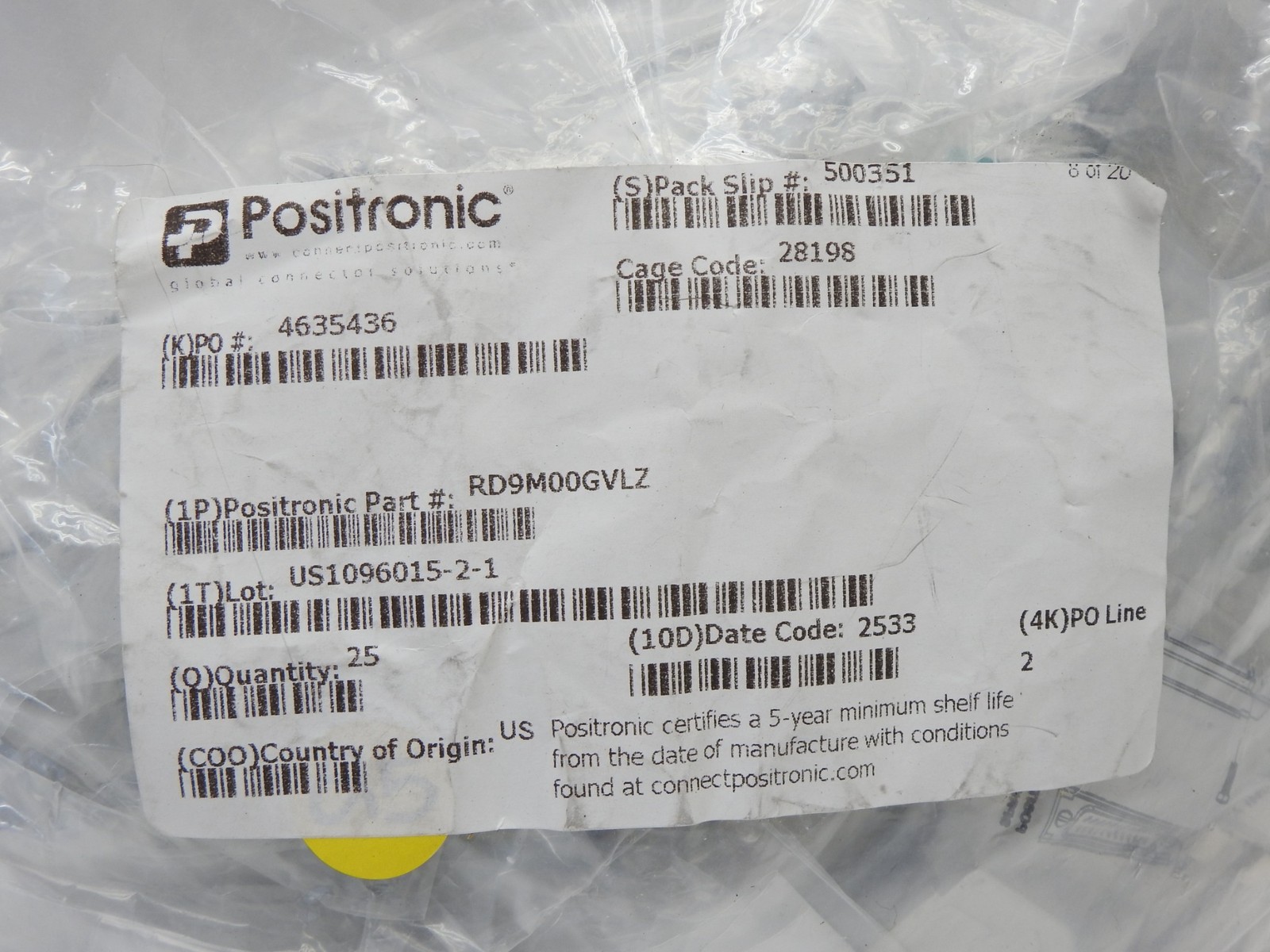 Lot of 25 – Amphenol Positronic RD9M00GVLZ 9-Pin D-Sub Plug Housing IP67 Rated