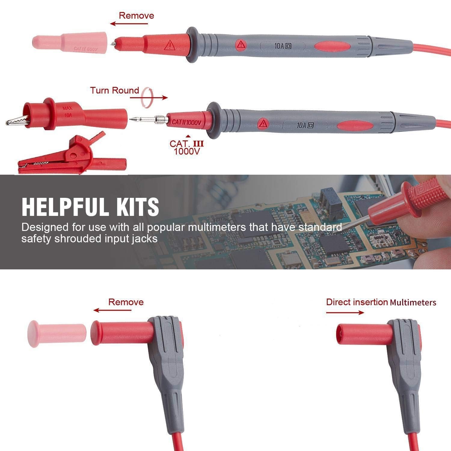 Soft Silicone Test Leads Kit with Alligator Clips, CAT III 1000V & CAT IV 600V