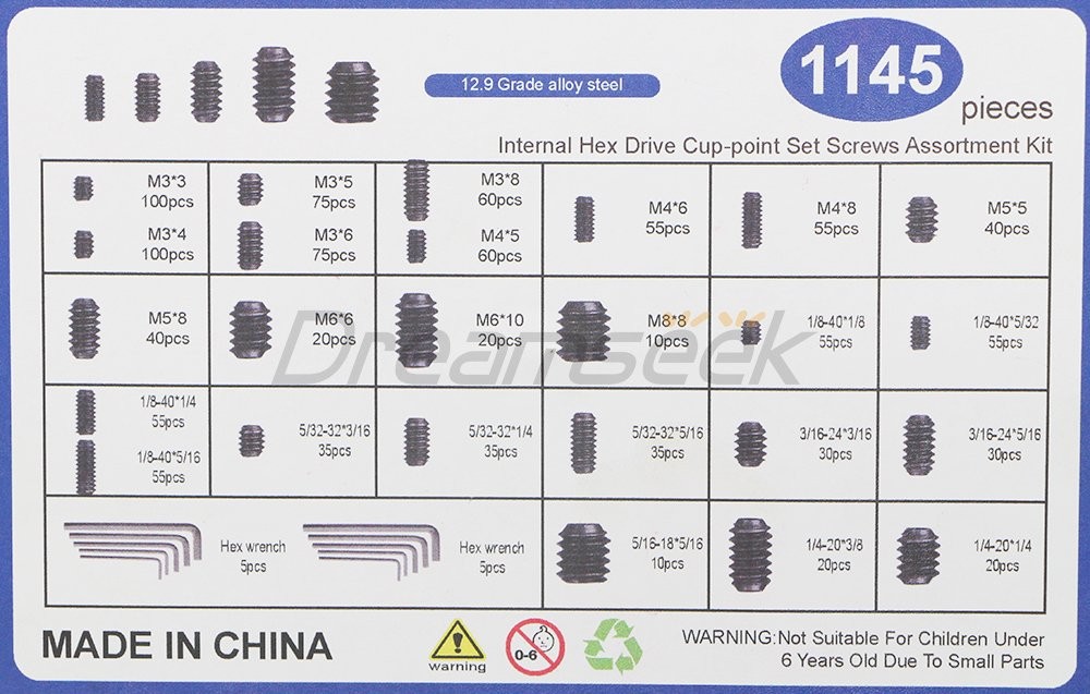 1145Pcs Set Screw Assortment Kit Head Socket Hex Drive Cup Point Grub Screws Set