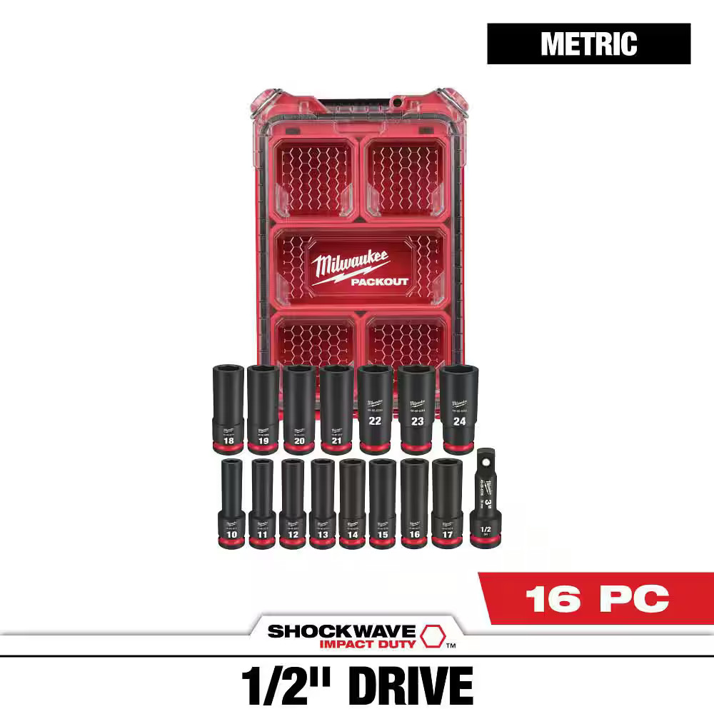 SHOCKWAVE Impact Duty 1/2″ Drive Metric Deep Well PACKOUT Socket Set (16-Piece)