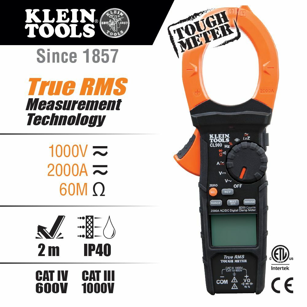 Klein CL900 Digital Clamp Meter, AC Auto-Range TRMS, Low Impedance , 2000 Amp