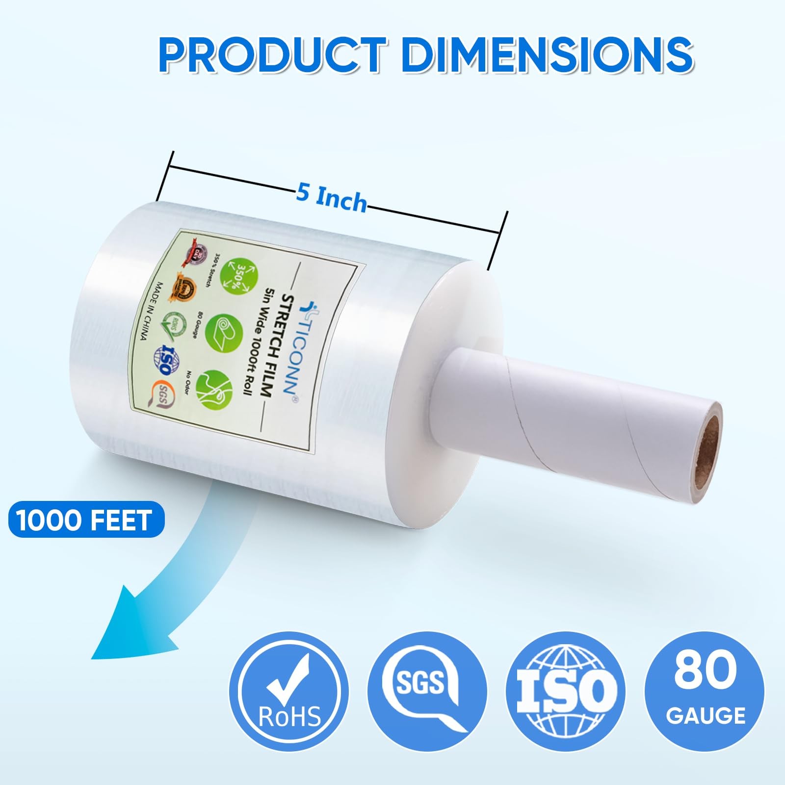 TICONN Stretch Wrap Film Roll, 1000ft Industrial 5»-1PK, Clear