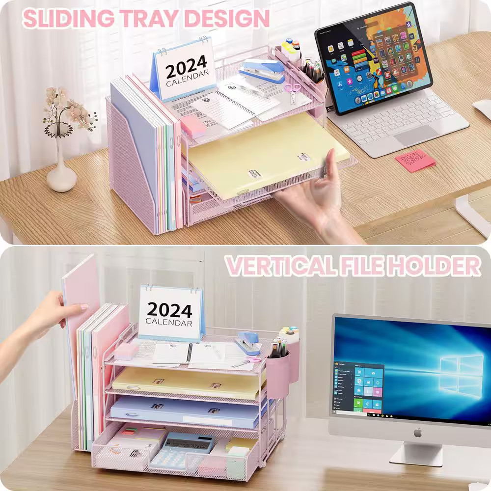 15.5 In. X 9.3 In. Reds/Pinks Metal Desk Organizer, Desk Accessoriesr with Drawe