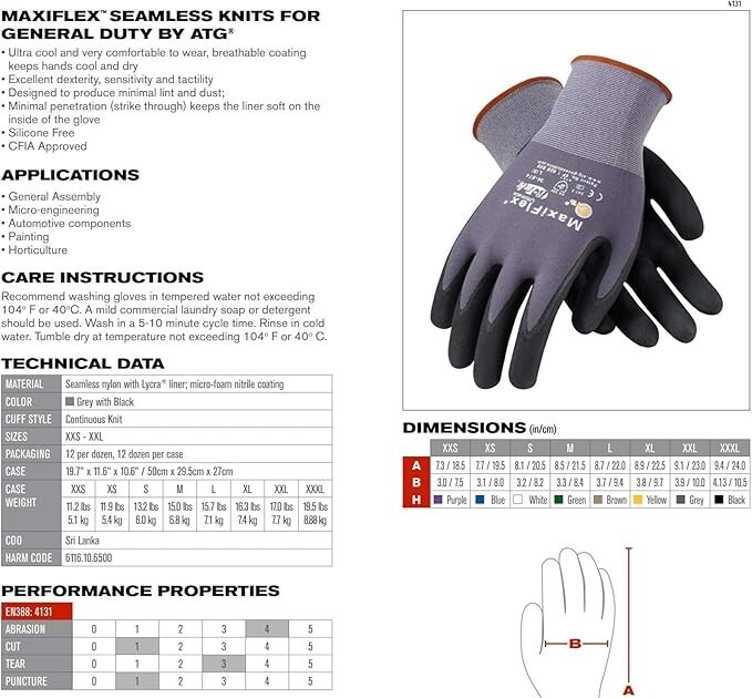PIP Maxiflex 34-874 ATG Ultimate Glove Nylon Lycra Nitrile Size M, L, XL, 2X