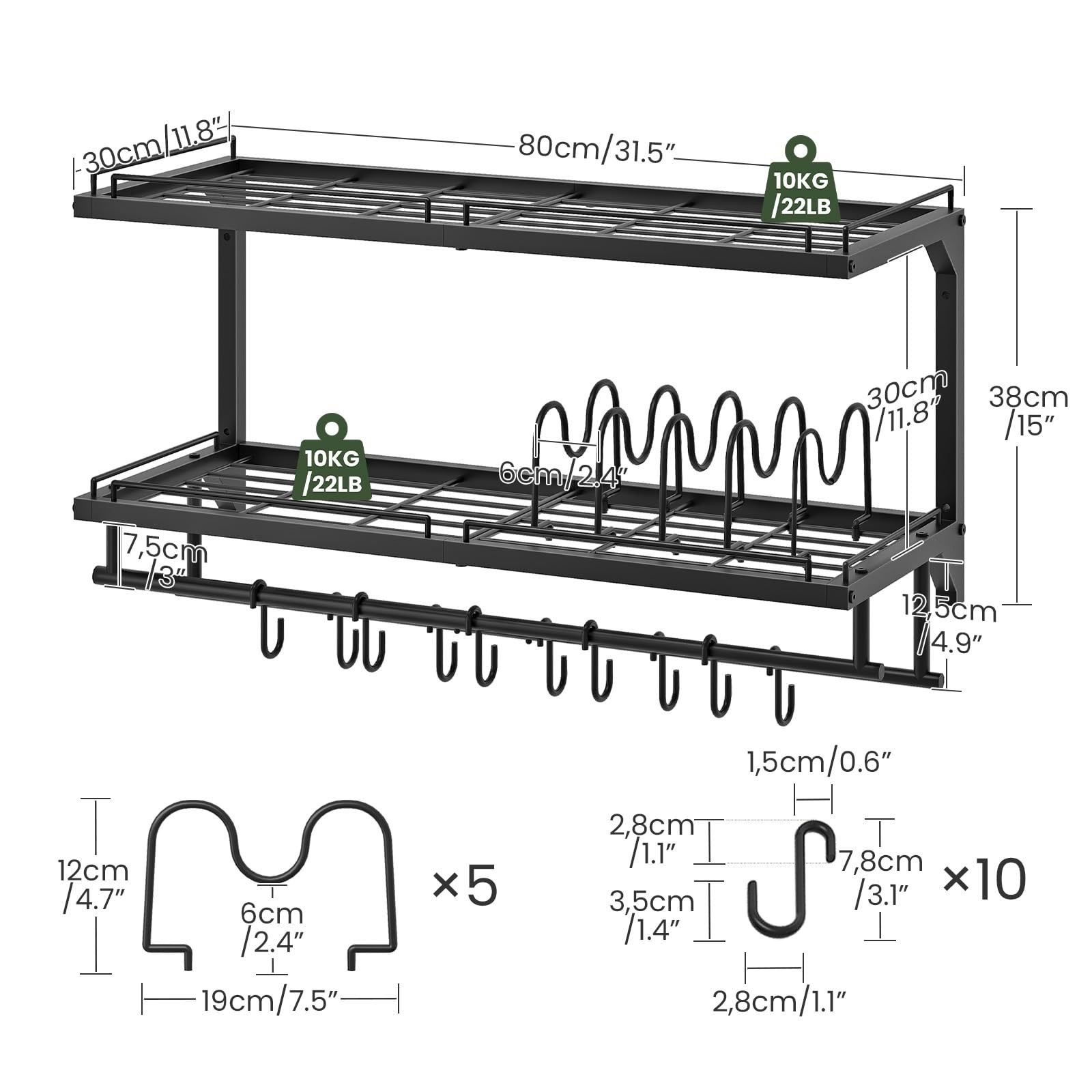 CHOEZON Pot Rack, Wall Mounted Pan Holder, 2-Tier and Large, Black