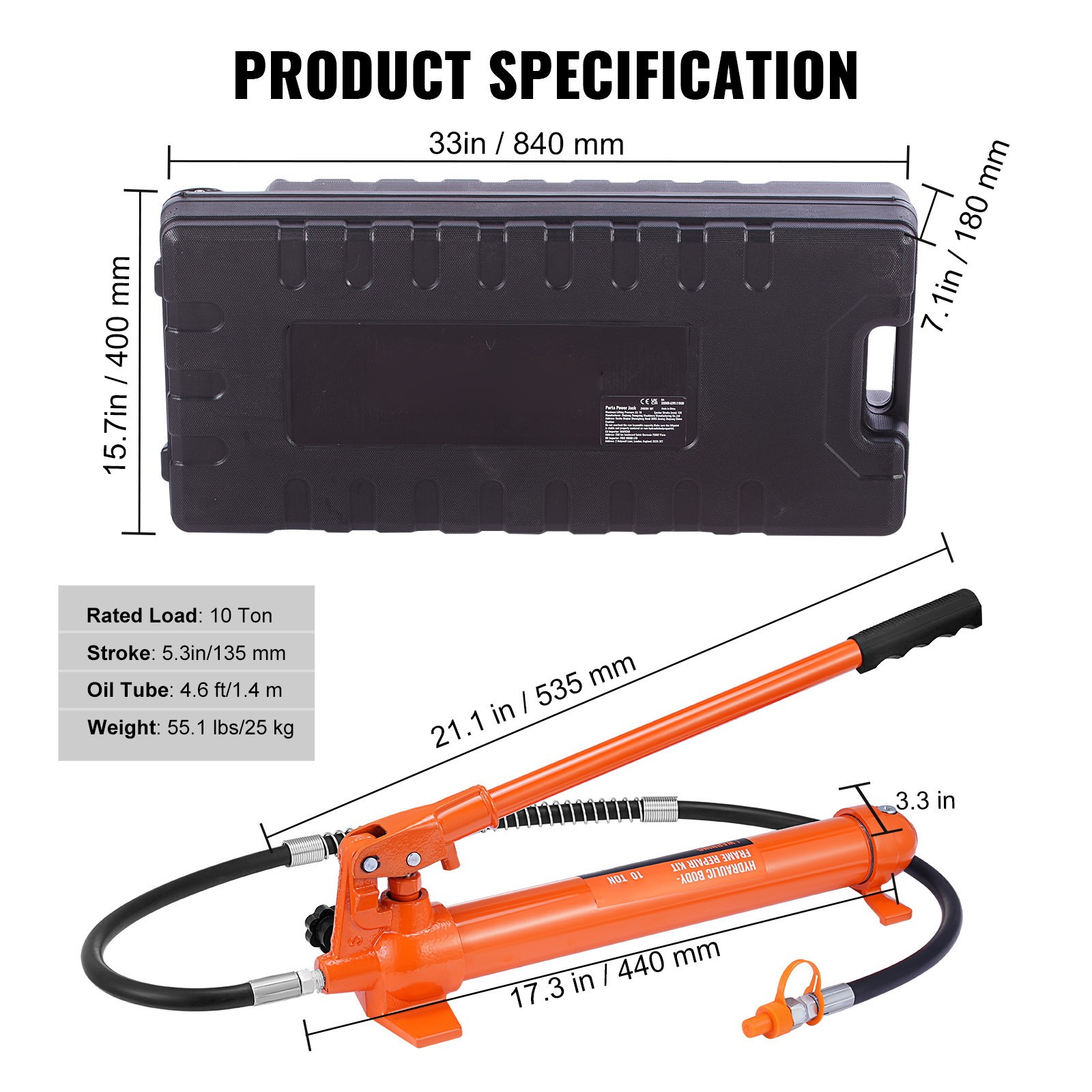 10 Ton Porta Power Kit,Hydraulic Ram with Pump,Car Jack with 4.6 ft/1.4 m Hose