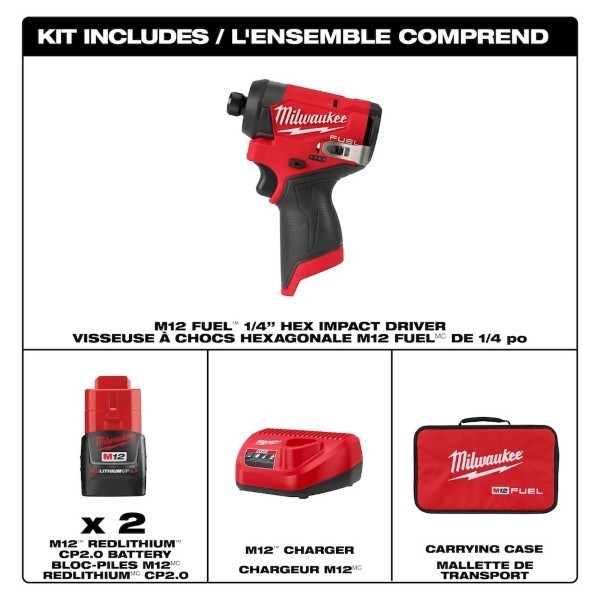 Milwaukee CANADA 12V Li-Ion Brushless Cordless 1/4 in Hex Impact Driver Kit