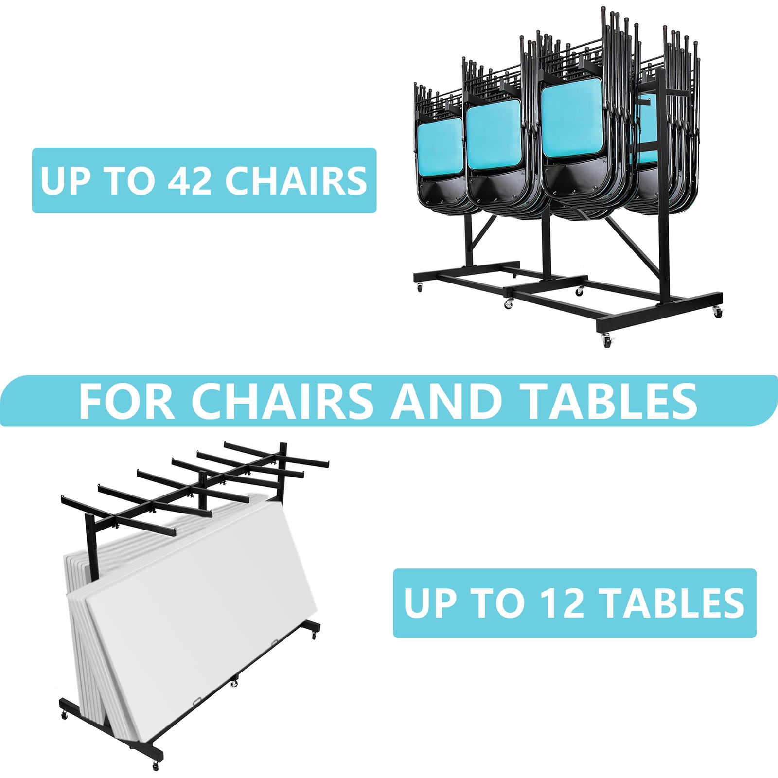 12 Tables+42 Chairs Folding Chair Cart Folding Chair Rack 660lbs Heavy Duty