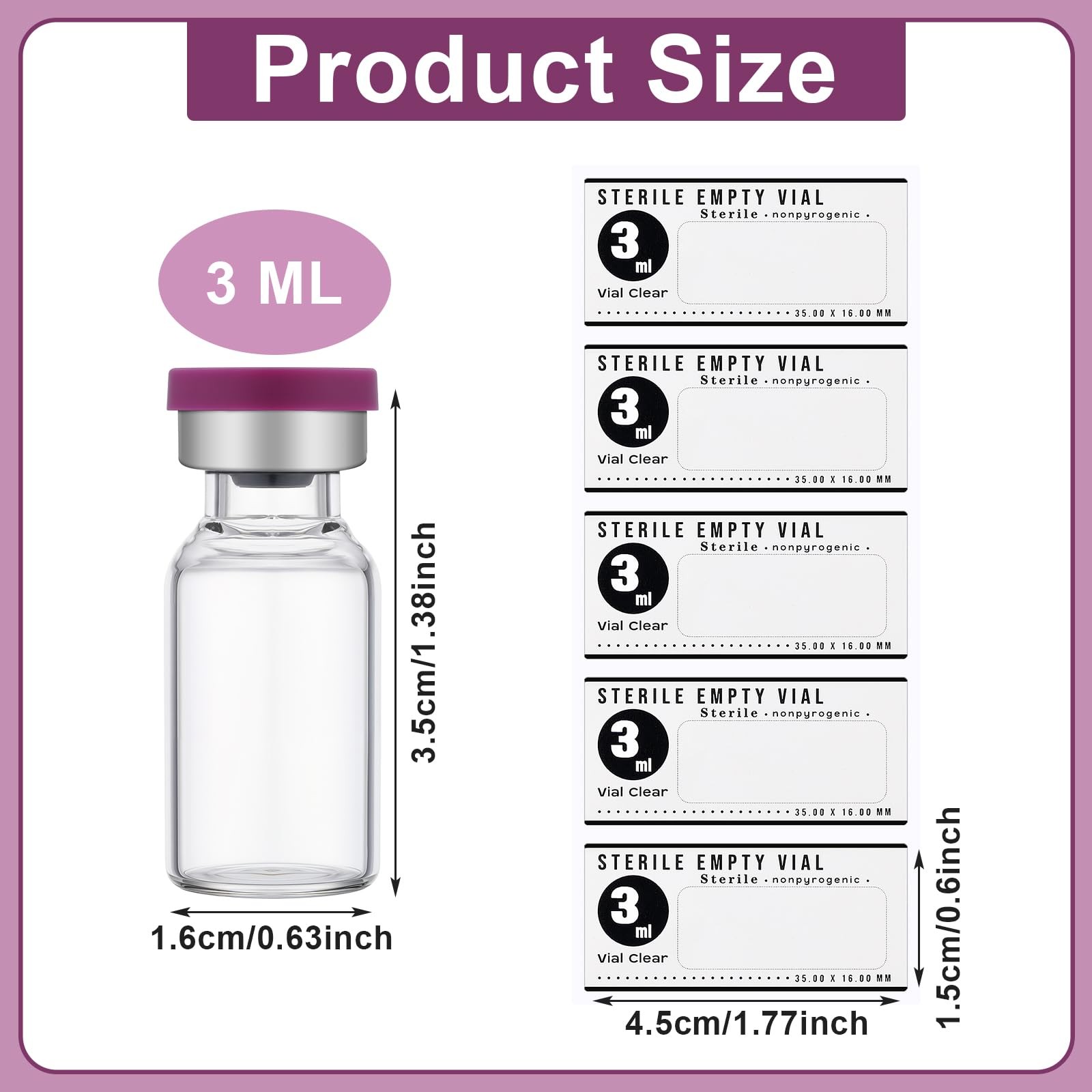 20 Pcs 3ml Sealed Sterile Empty Vials with Self Healing Injection Port Glass Pe