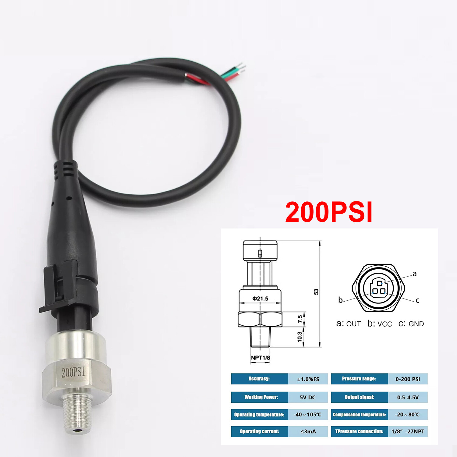 5V Pressure Transducer or Sender 30psi-1600Psi for Fuel Diesel Oil Air Water