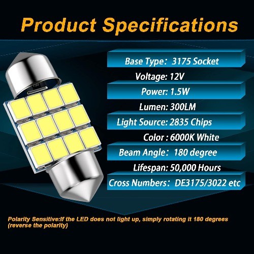 31mm 1.22in Super Bright White LED Festoon Car Lights, DE3021 DE3022 Fit for Int