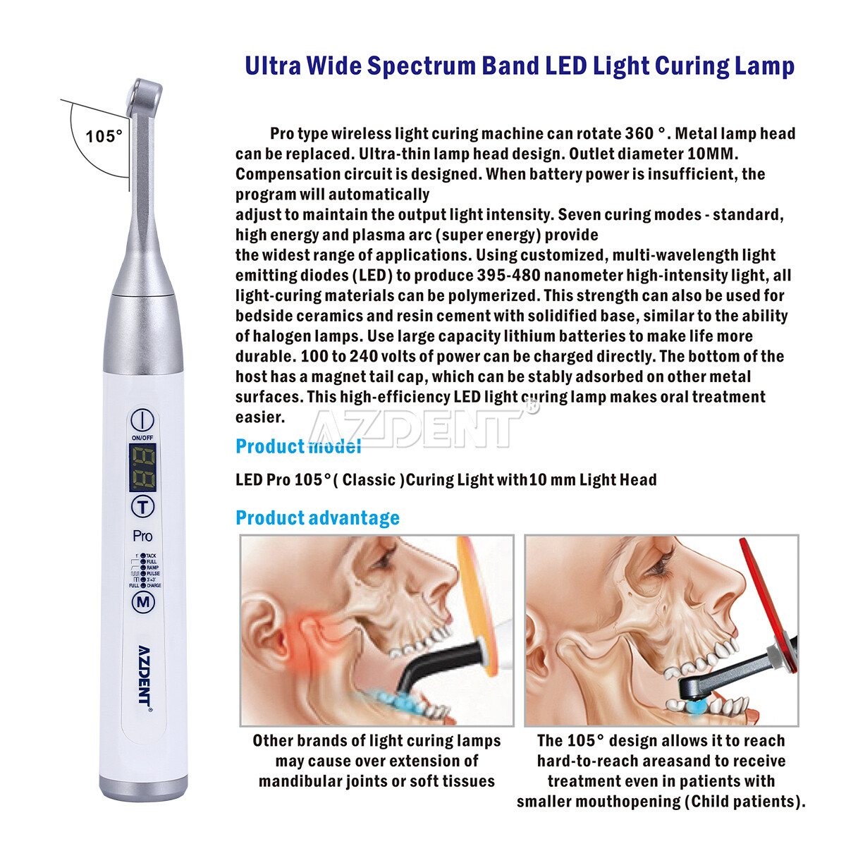 Dental Wireless LED PRO105 Curing Light Lamp 1 Second Curing Wide Spectrum