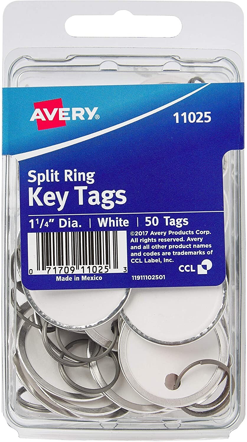 AVERY Metal Rim Key Tags, 1.25″ Diameter Tag, Metal Split Ring, 50 Tags White