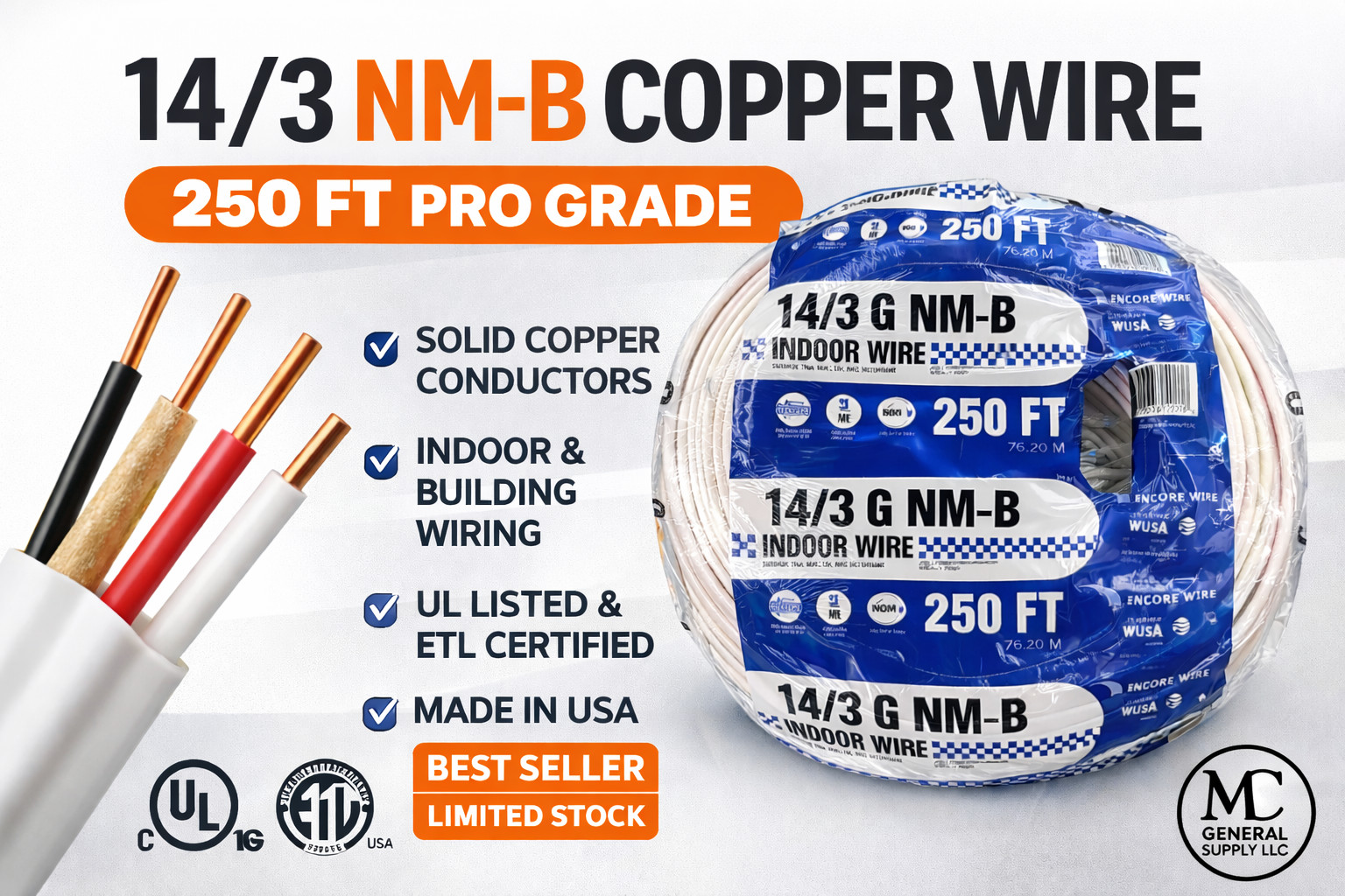 14/3 copper wire 250ft roll, different brands and colors for electricians