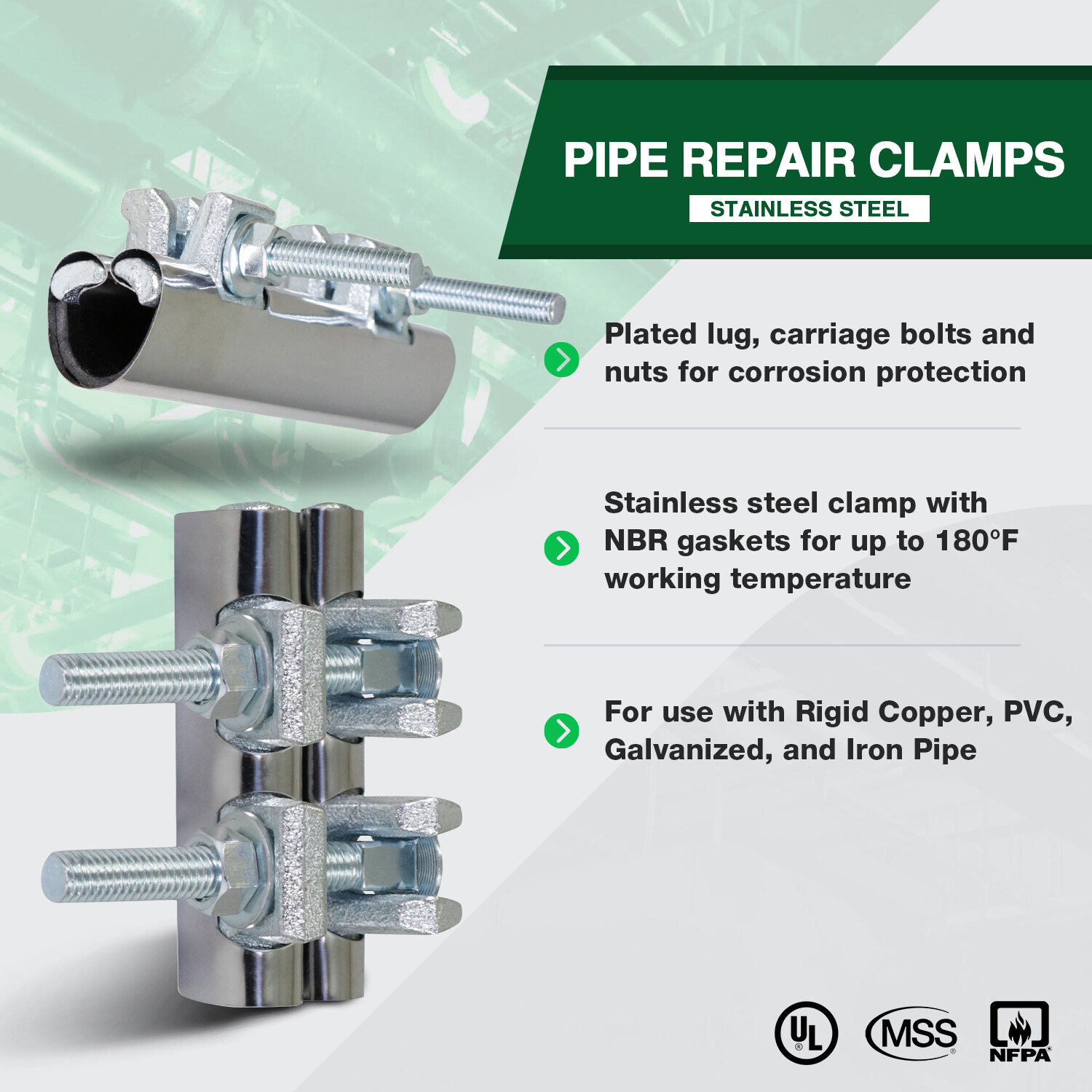 1 in. x 6 in. Long 2-Bolt IPS Pipe Repair Clamp, Stainless Steel