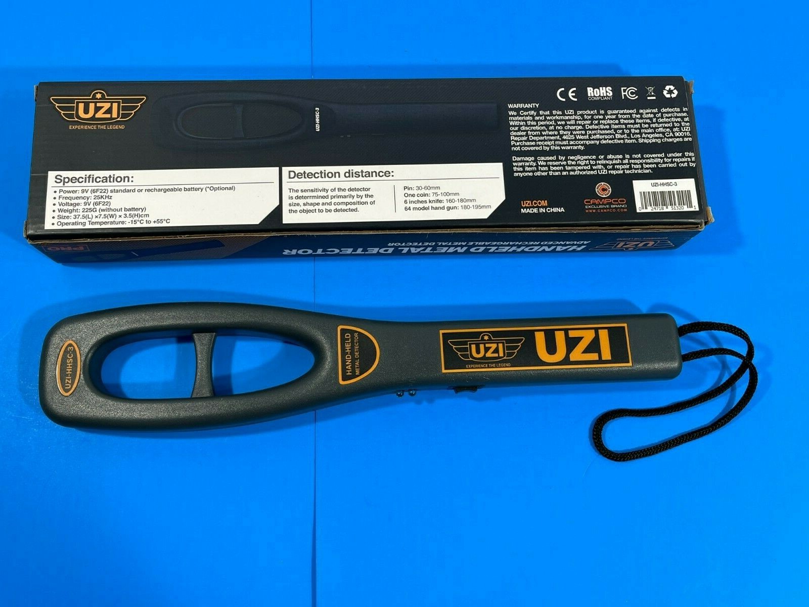 UZI Handheld Metal Detector Black Detect Ferrous / Non-Ferrous Metals HHSC-3