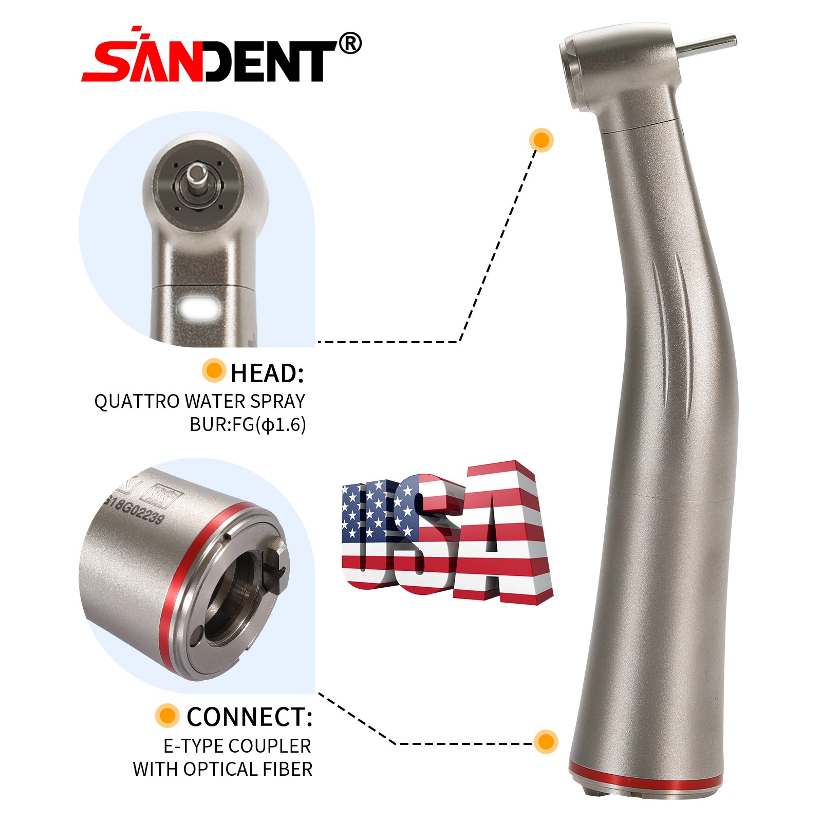 Dental 1:5 Contra Angle Fiber Optic LED Low Speed Handpiece Standard Head