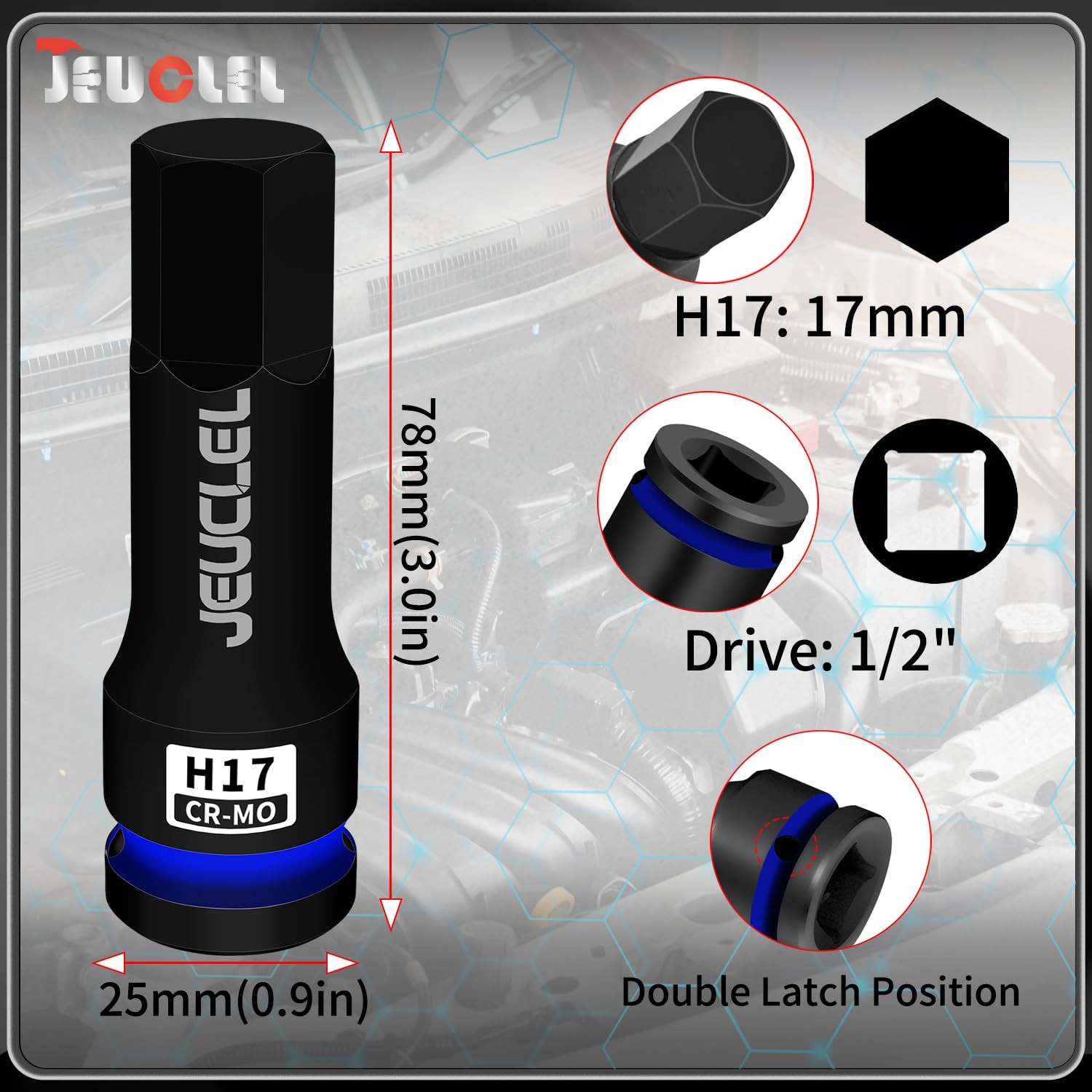 JEUCLEL 17mm Hex Impact Bit Socket, H17 1/2-Inch Drive 1PC | 17MM