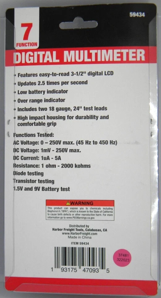 Harbor Freight Digital Multimeter 7 Function AC DC Current & Resistance #63759