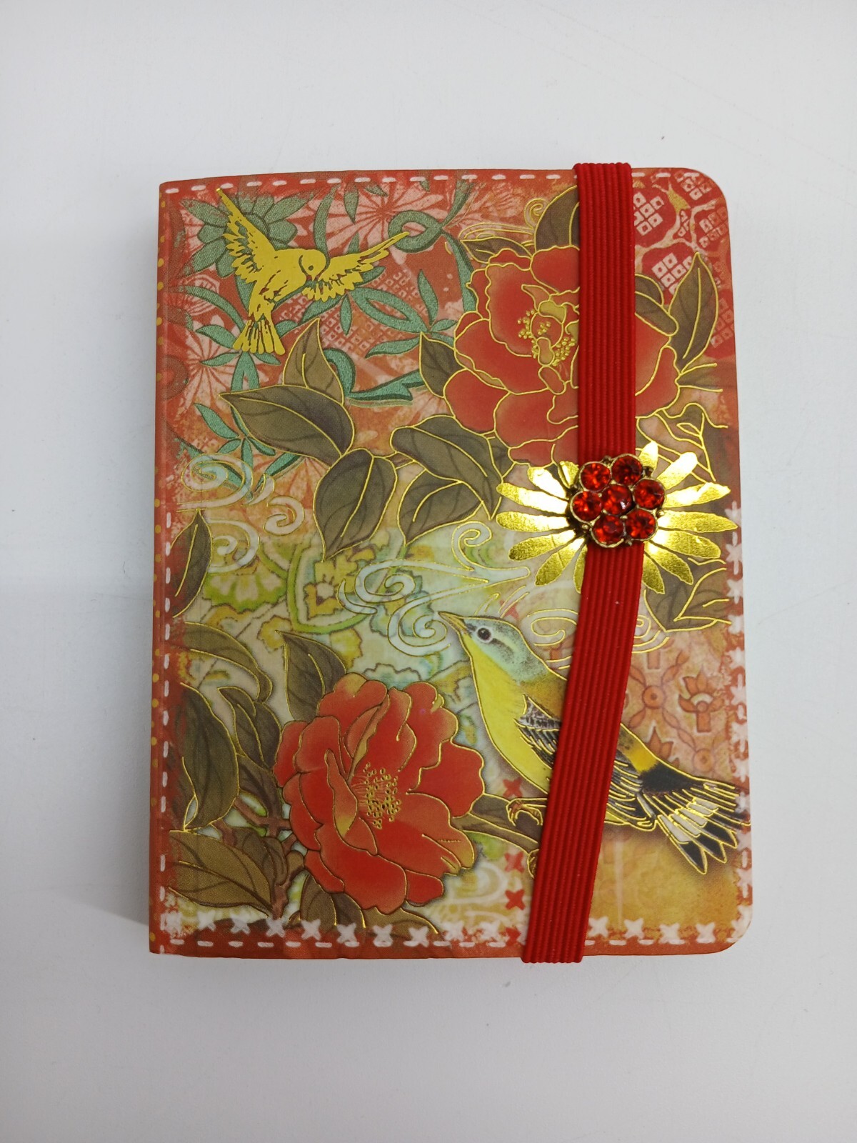 Punch Studio Red Brooch Red Roses Gold Birds Bungie Closure Mini Journal