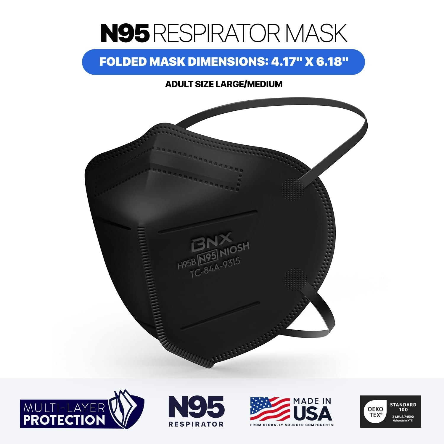 AccuMed BNX N95 Mask Black NIOSH 1 Count (Pack of 50), 50-pack