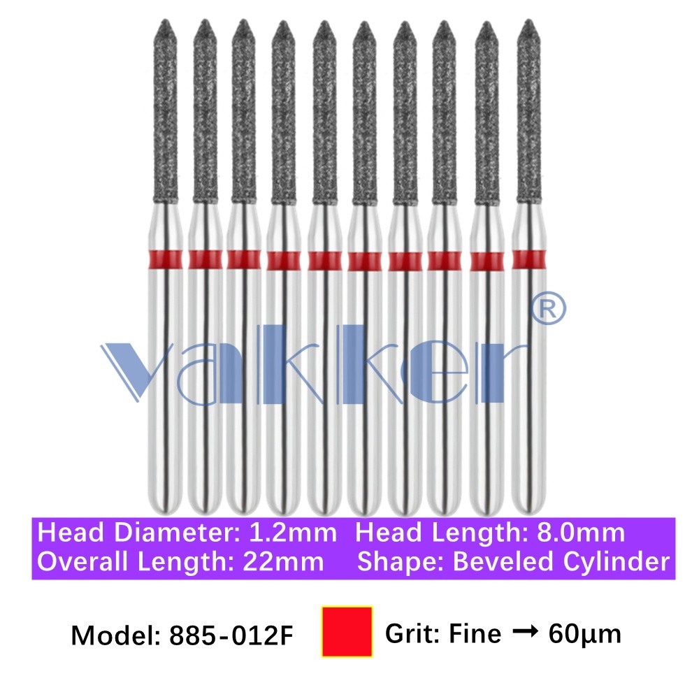 Vakker 10pc Dental 885-012F Fine Diamond Burs Friction Grip Beveled Cylinder Bur