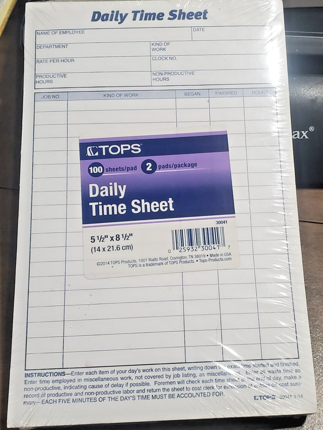 Tops 30041 Daily Time Sheet Form, 5-1/2 x 8-1/2″, Pack of 2 Pads.