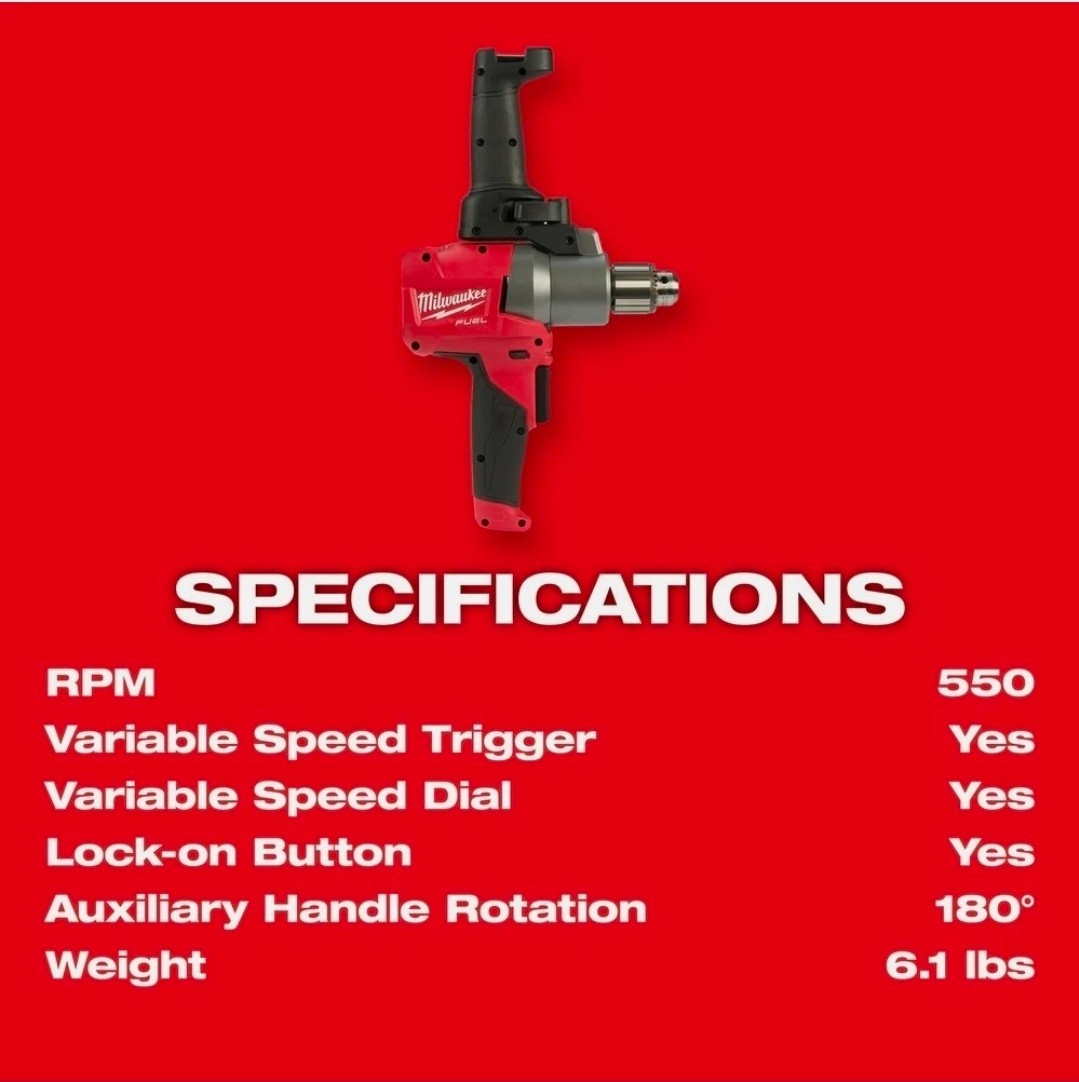 Milwaukee 2810-20 M18 FUEL Mud Mixer with 180° Handle Bare Tool