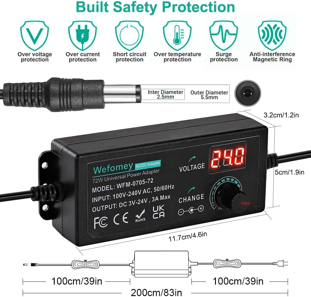 Universal Power Supply 3V~24V 3A 72W Adjustable Variable 3V 5V 9V 12V balck