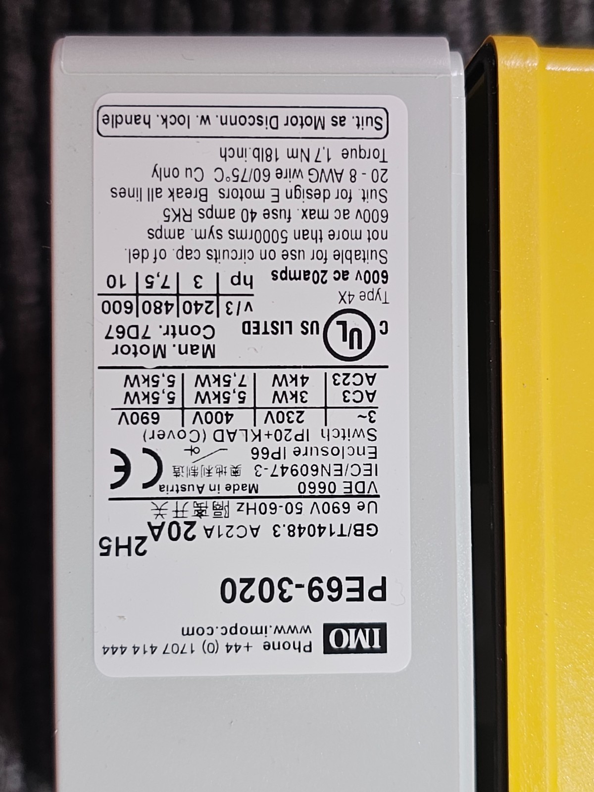 IMO PE69-3020 20A 3 Pole Enclosed Isolator IP66 Plastic Enclosure Red/Yellow