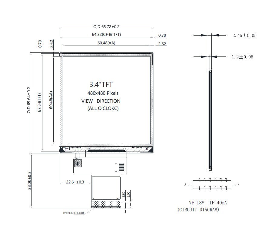 Square 3.4 inch 480×480 IPS TFT LCD Display SPI+RGB Interface