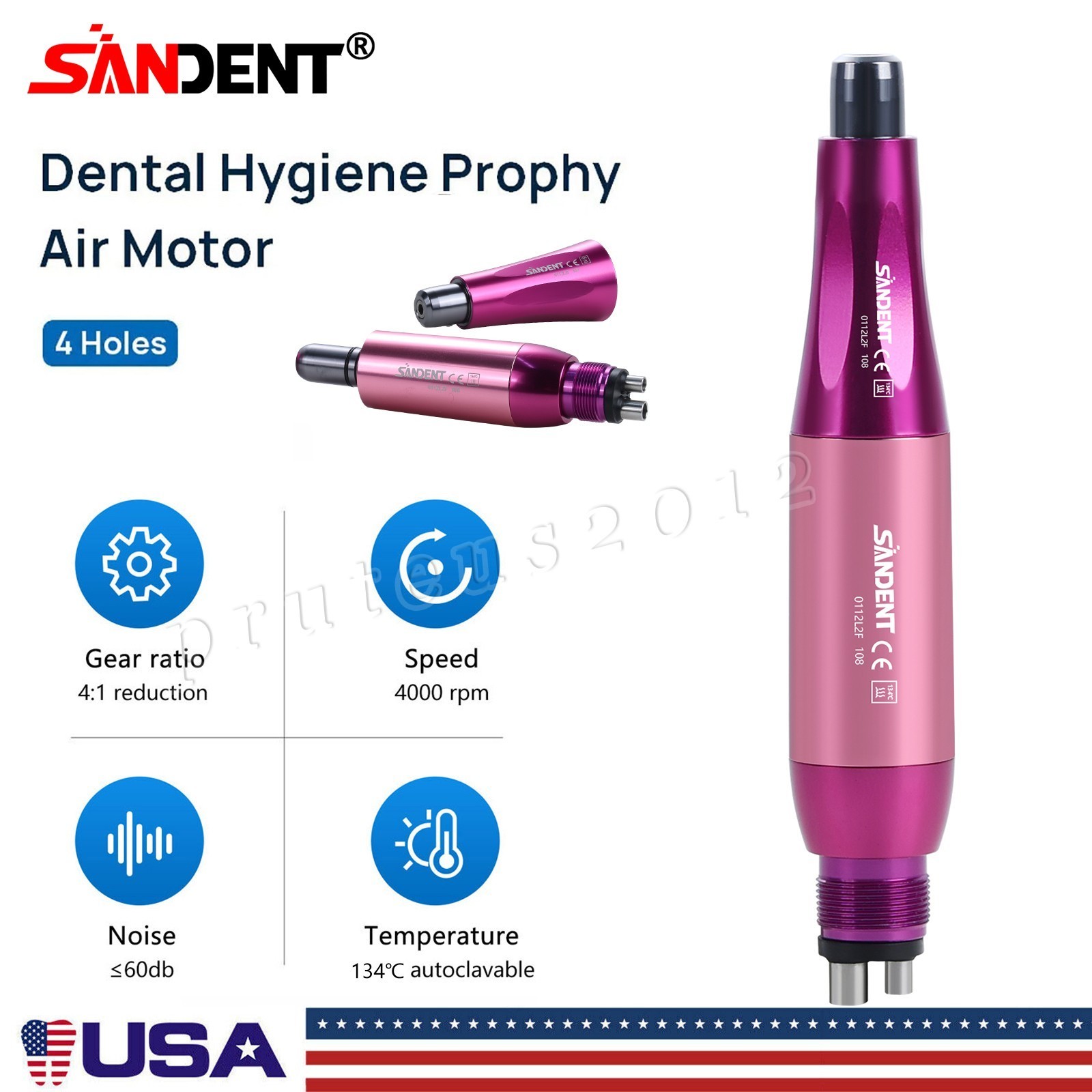 Dental Hygiene Prophy Handpiece Air Motor 4 Holes 4:1 Nose Cone 360°Swivel Pink