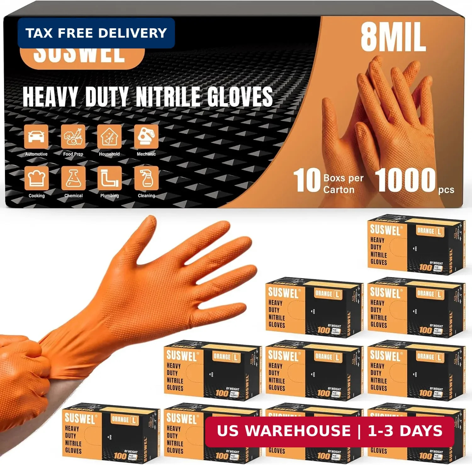 HEAVY DUTY 8 Mil Orange Nitrile Gloves, Diamond Textured Disposable Industrial M