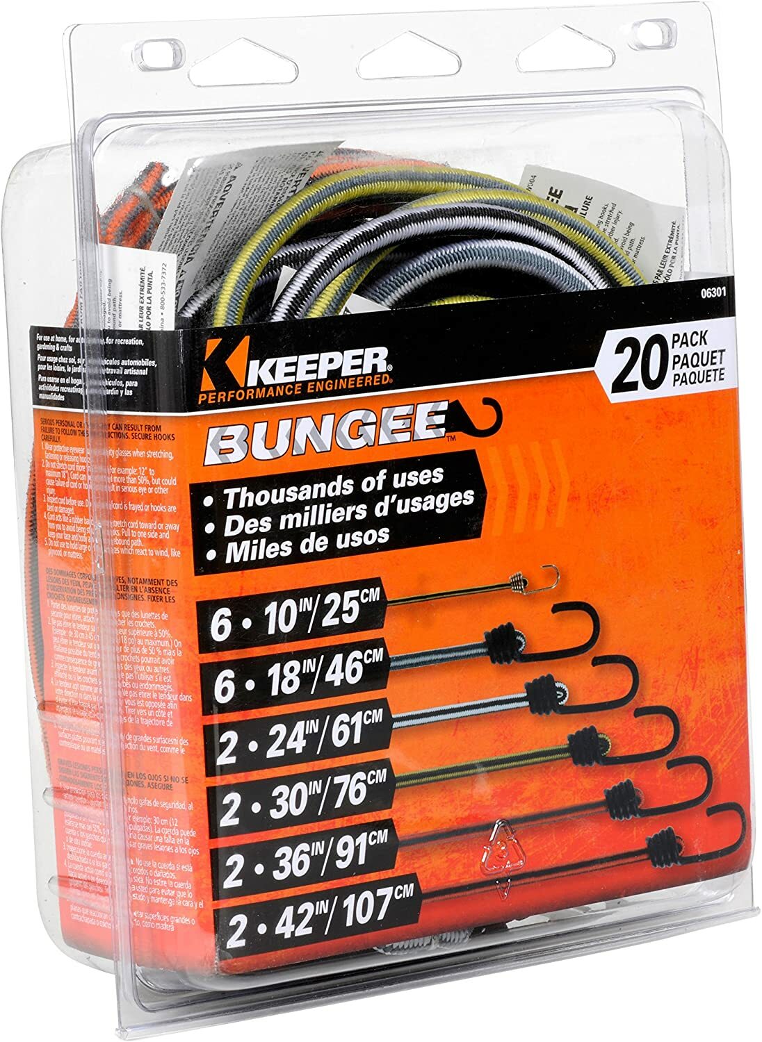 KEEPER 06301 Assorted 10-in 18-in 24-in 30-in 36-in & 48-in Bungee Cords 20-Pack