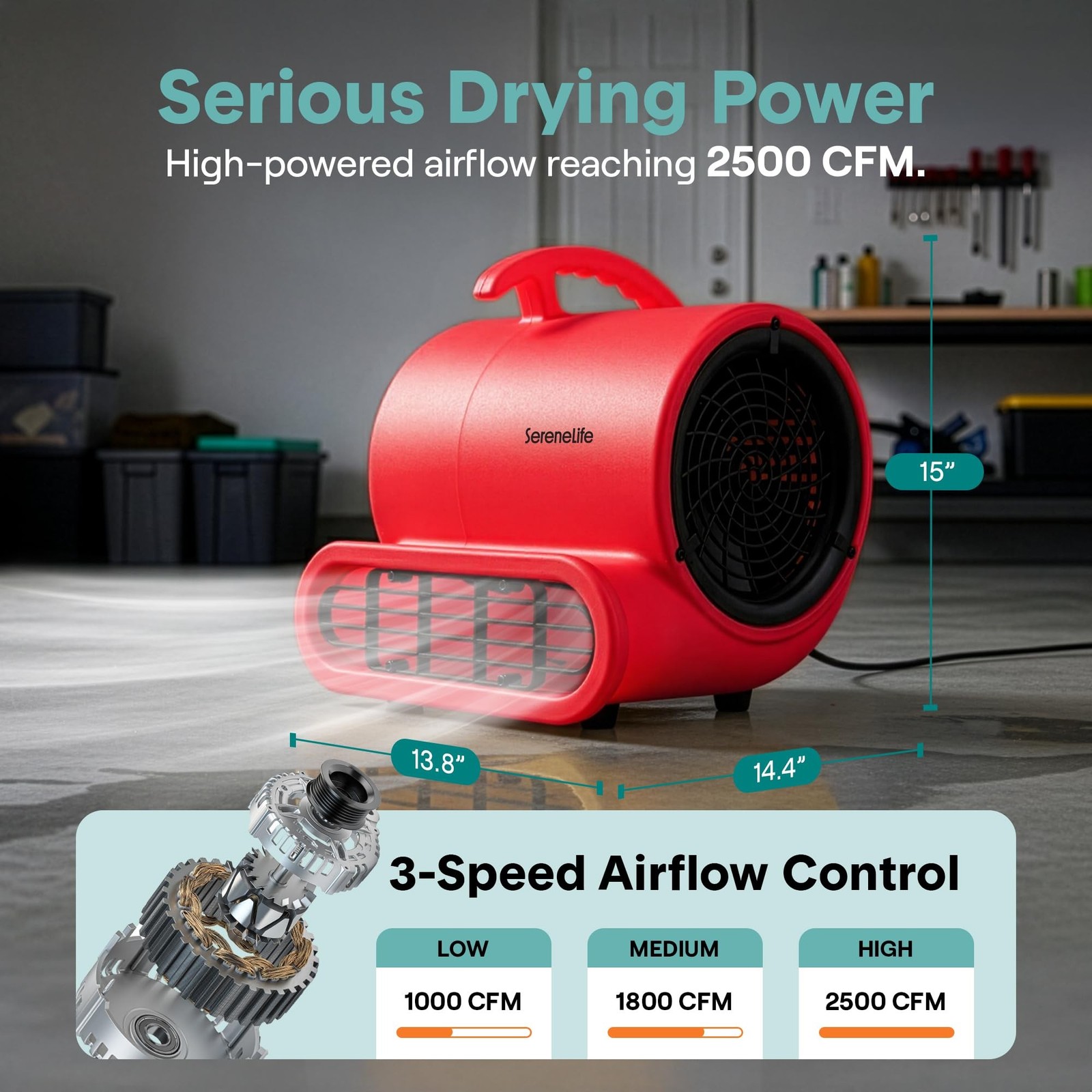 SereneLife Air Mover Blower Fan 2500 CFM – Powerful High Performance 3-Spe