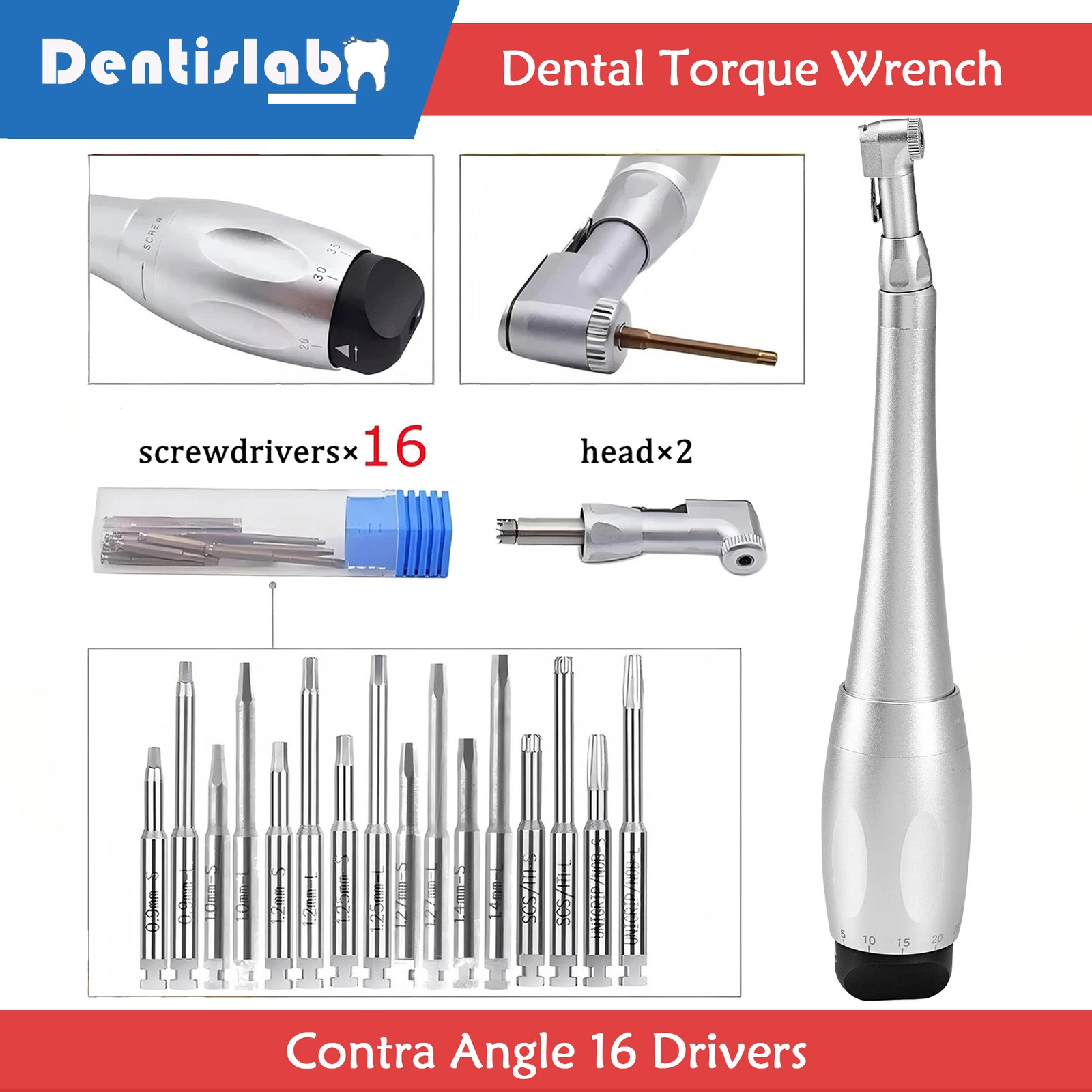 Dental Universal Implant Kit Torque Wrench Contra Angle & 16pcs Drivers Silver