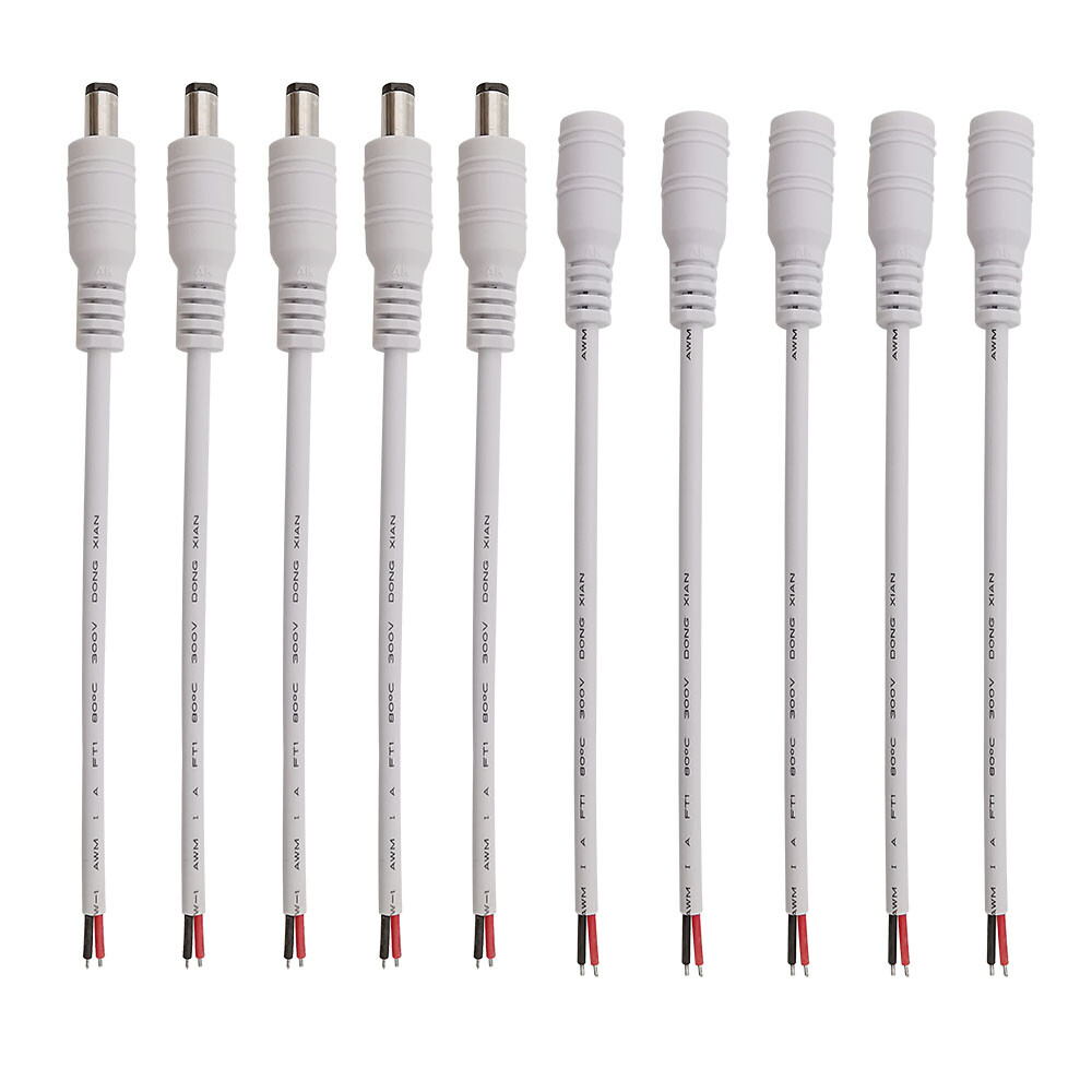 5x Pairs White DC Pigtails Male-Female Set Plug Power Adapter 2-Pin Wire Ends
