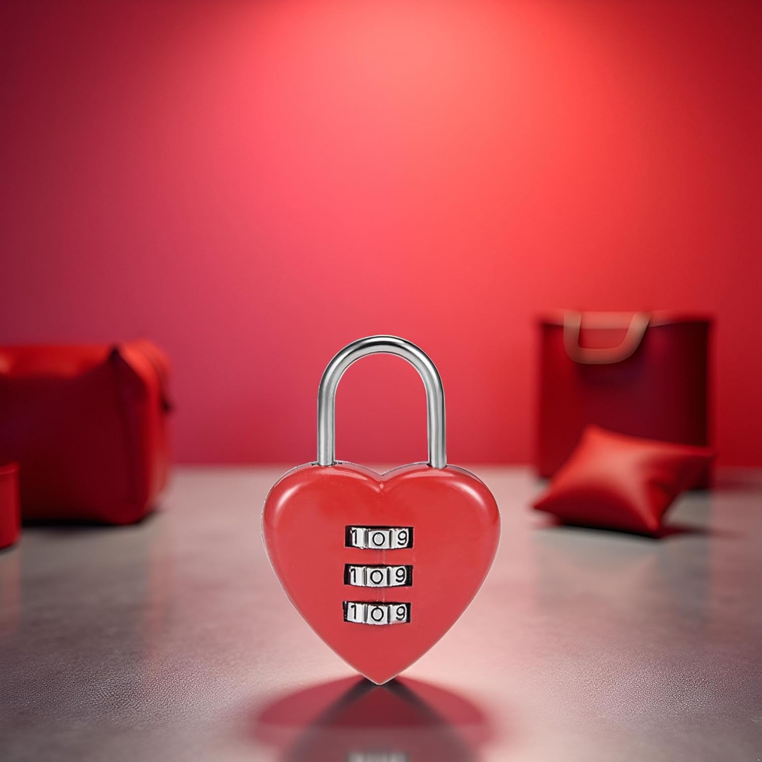 Red 3 Digit Combination Padlock, 3Mm Shackle, Zinc Alloy Lock Heart Shaped