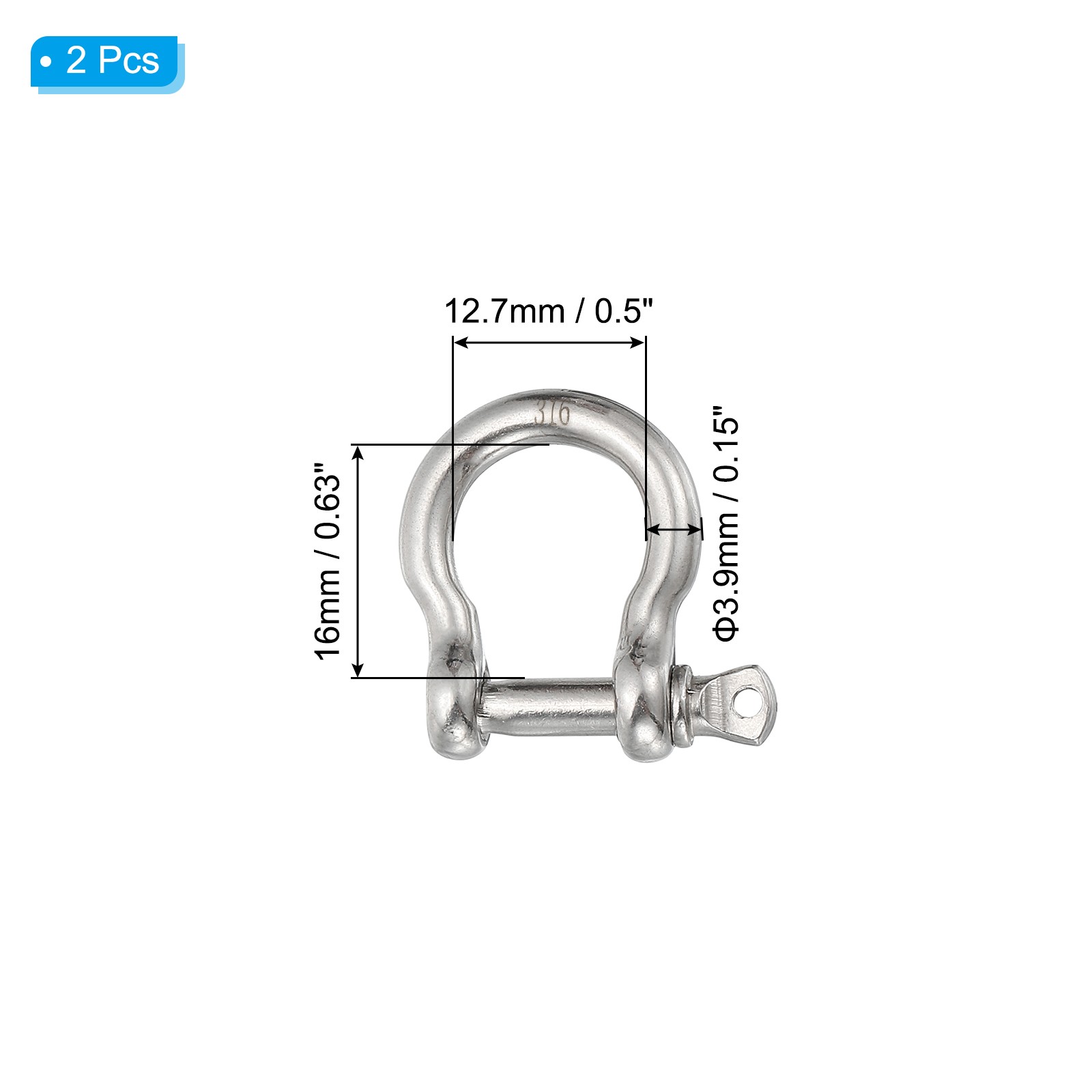 2Pcs Screw Pin Shackle 3.9mm 1/8″ 220lb Forged Bow Shackle Marine Grade Silver