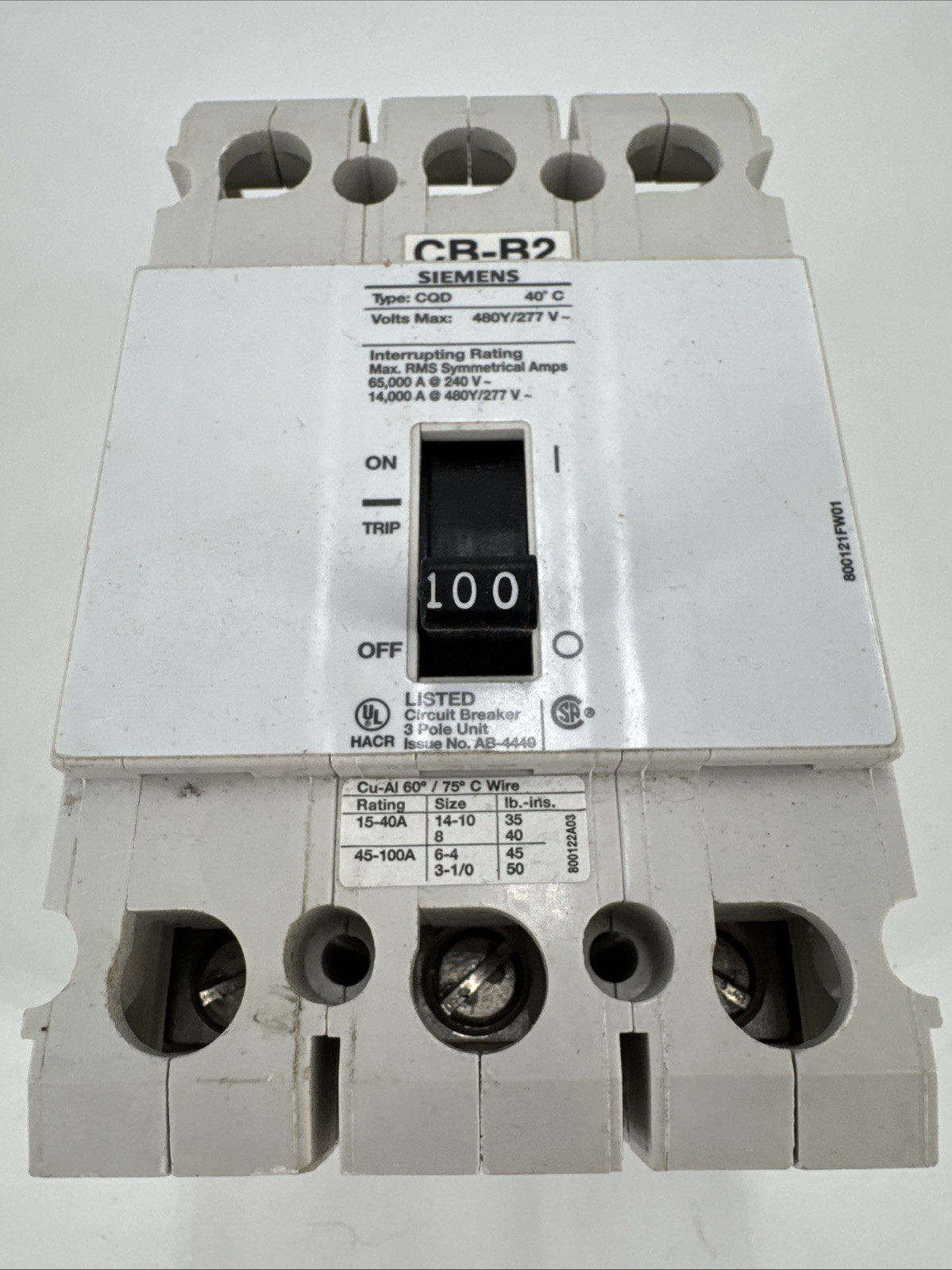 Siemens CQD3100 100Amps 3 Pole 480/277 V Circuit Breaker Used