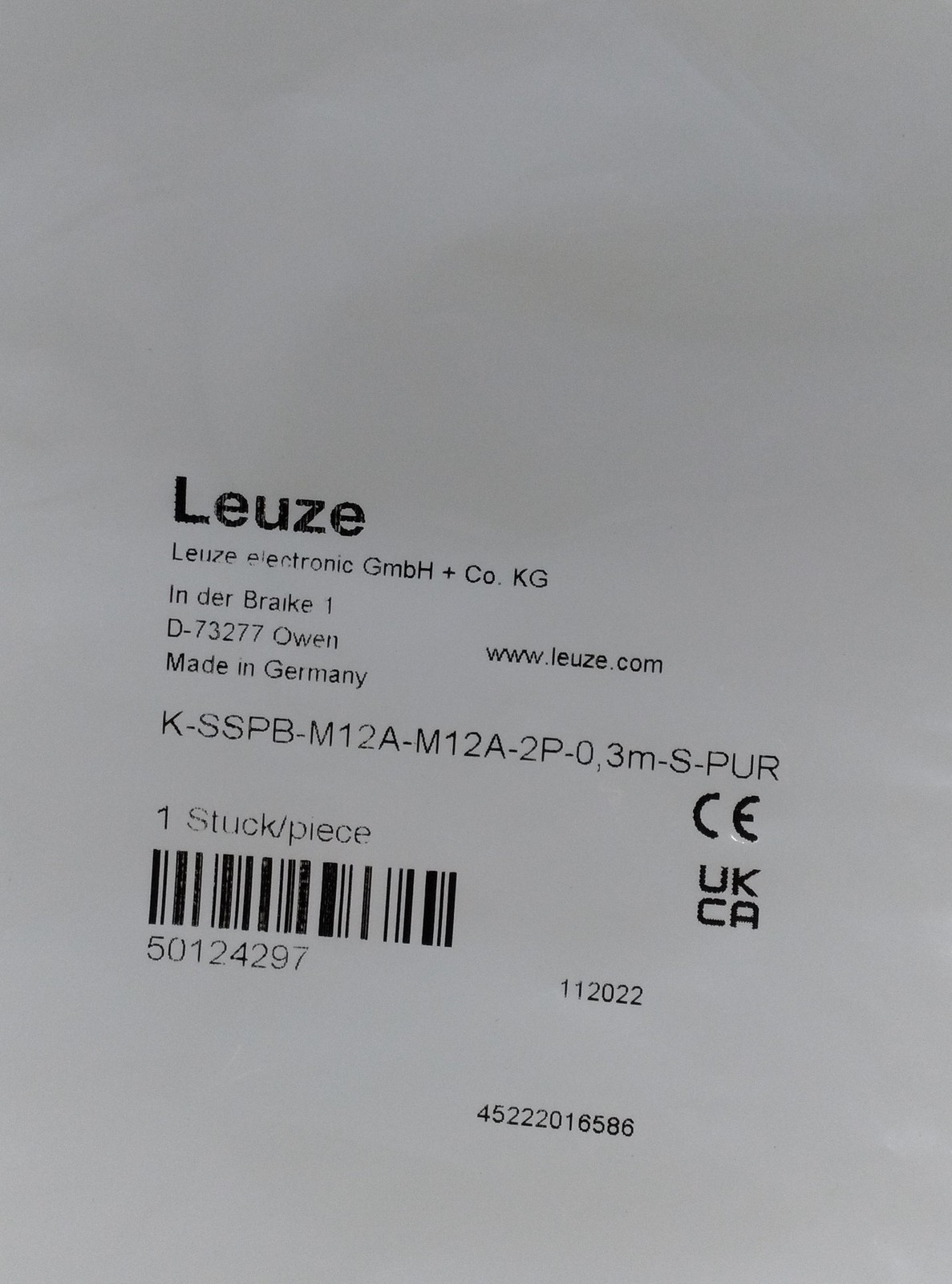 Leuze K-SSPB-M12A-M12A-2P-0 Sensor/Actuator Connection Cable M12-M12 Both Ends