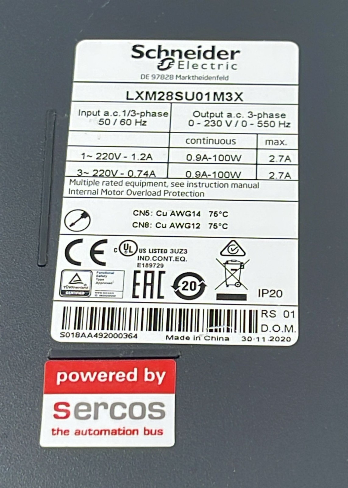 Schneider Electric LXM28SU01M3X Servo Drive 3-Phase 220V 0.9A 100W