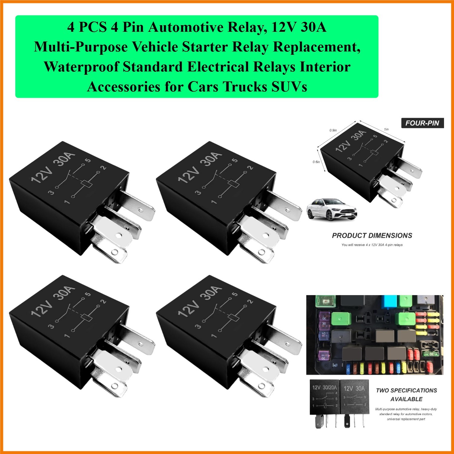 4 PCS 4 Pin , 12V 30A Multi-Purpose Vehicle Starter Relay Replacement, Waterp…