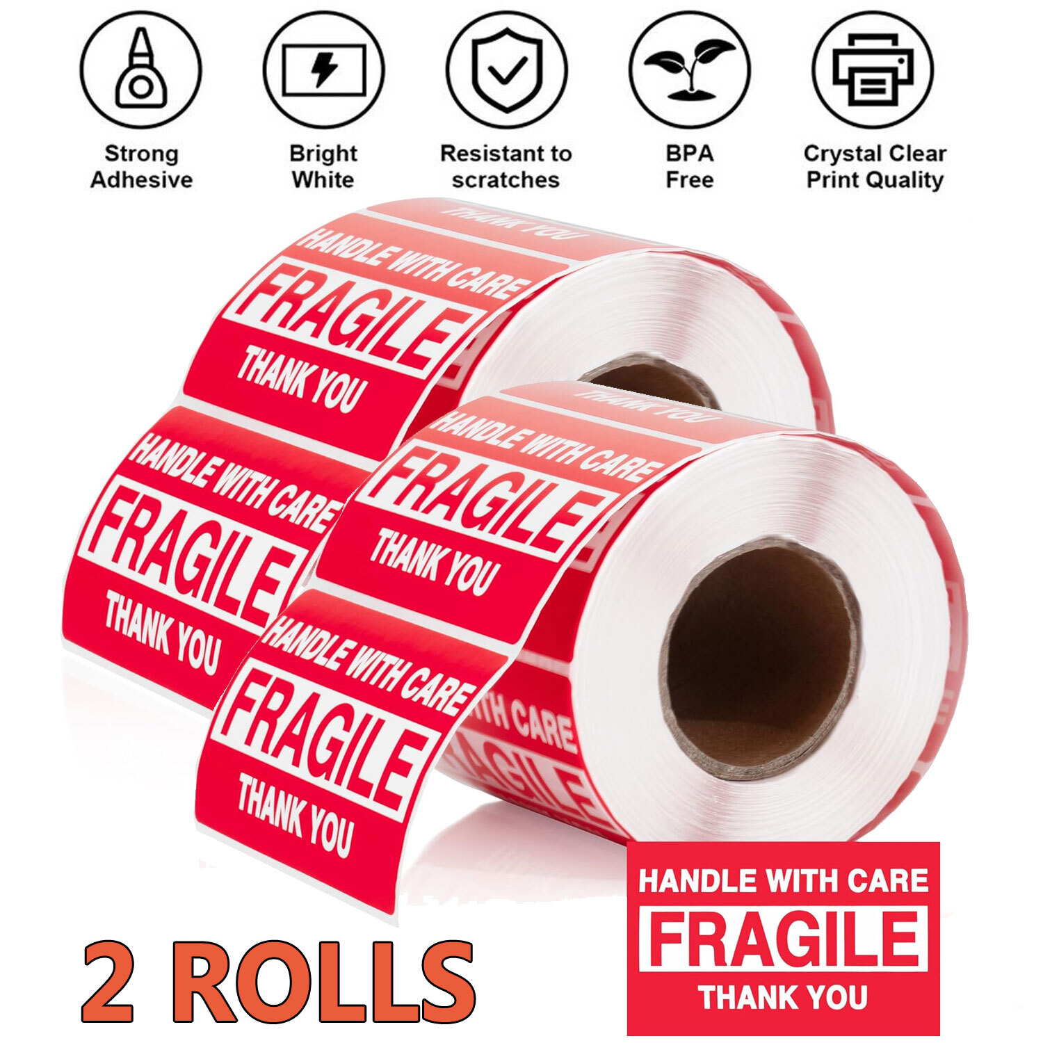 1000 Fragile Stickers 2×3 Handle With Care Thank You 500 / Roll Warning Labels