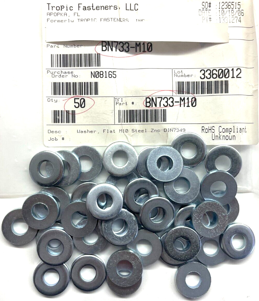 (40 PIECE LOT) BN733-M10, DIN7349 FLAT WASHER, STEEL, ZINC PLATED FOR M10 THREAD