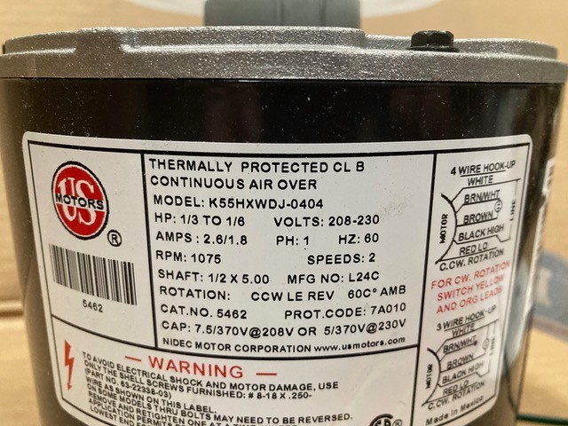 Rescue Condenser Fan Rheem 5462, 1/3-1/6 HP, 208V, Copper, Reversible Rotation