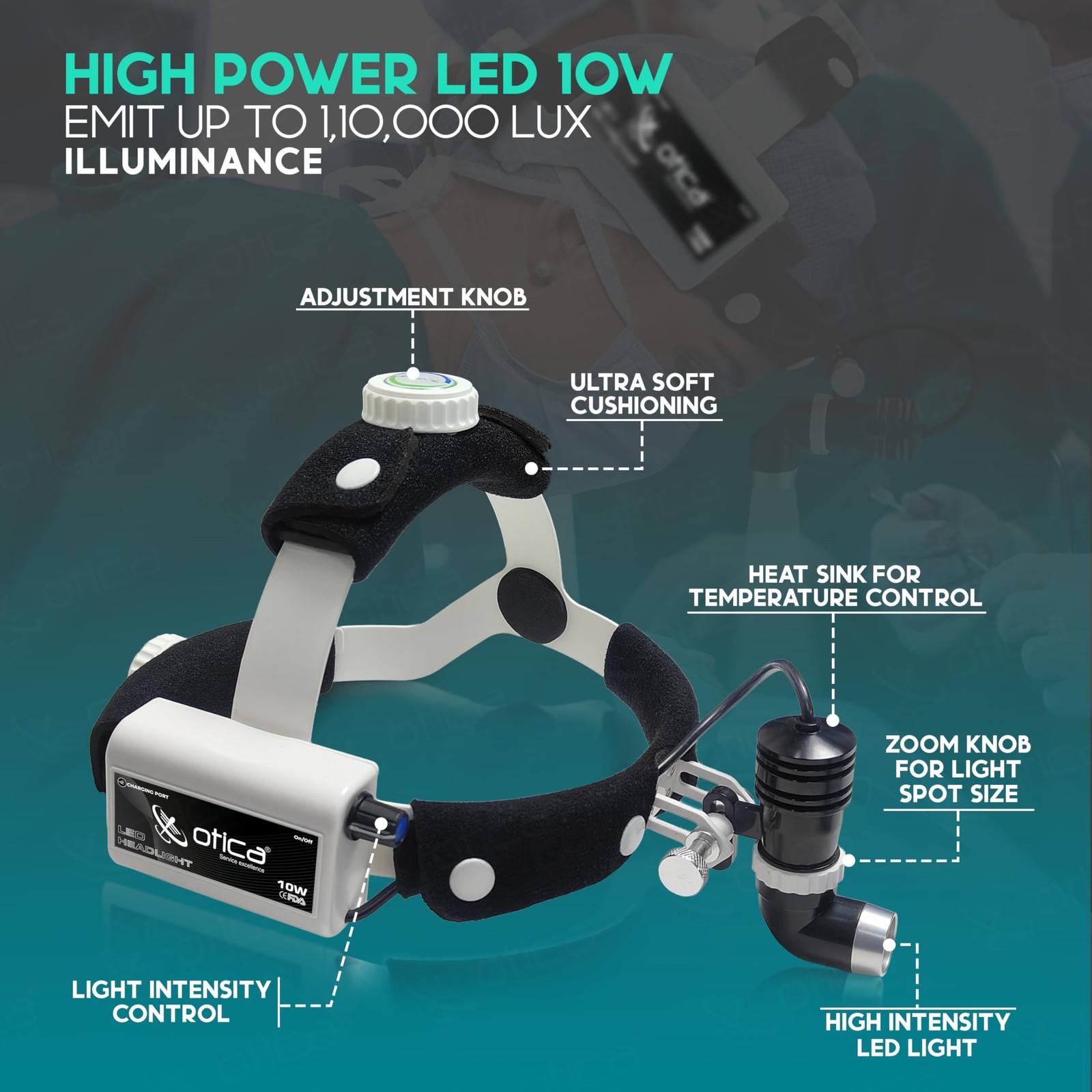 OTICA 10 Watt ENT Surgical LED Headlight for Doctors Hospital and Multi Purpo…
